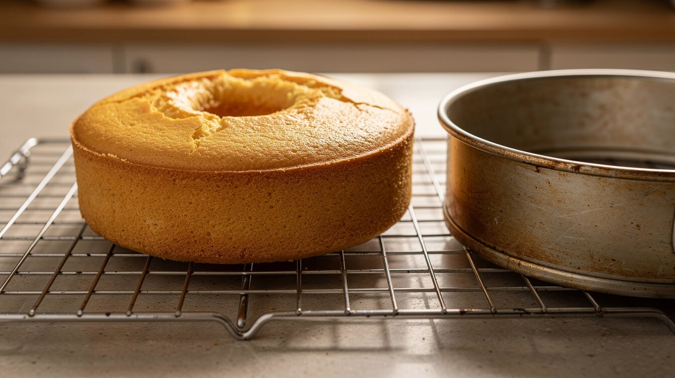 vanilla cake layer with a sunken center on a cooling rack