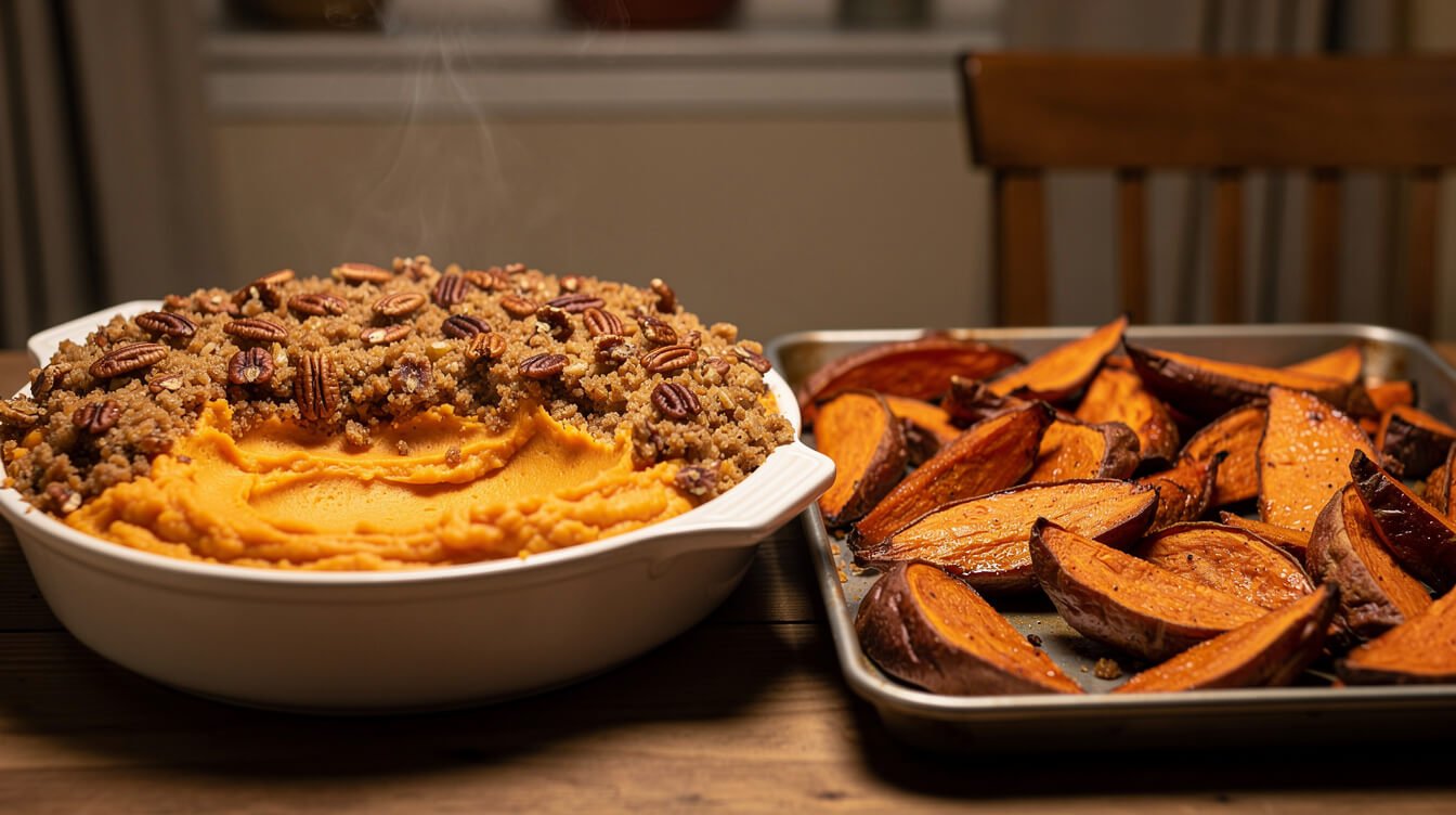 sweet potato casserole with pecan topping next to roasted sweet potato wedges