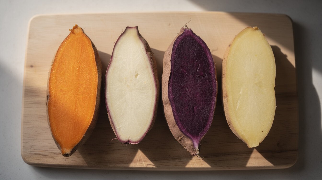 four sweet potato varieties cut in half showing orange, cream, purple, and yellow flesh