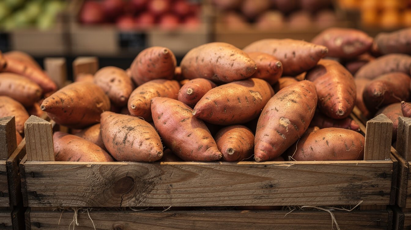 bin of copper-skinned sweet potatoes at a grocery store, often labeled yams