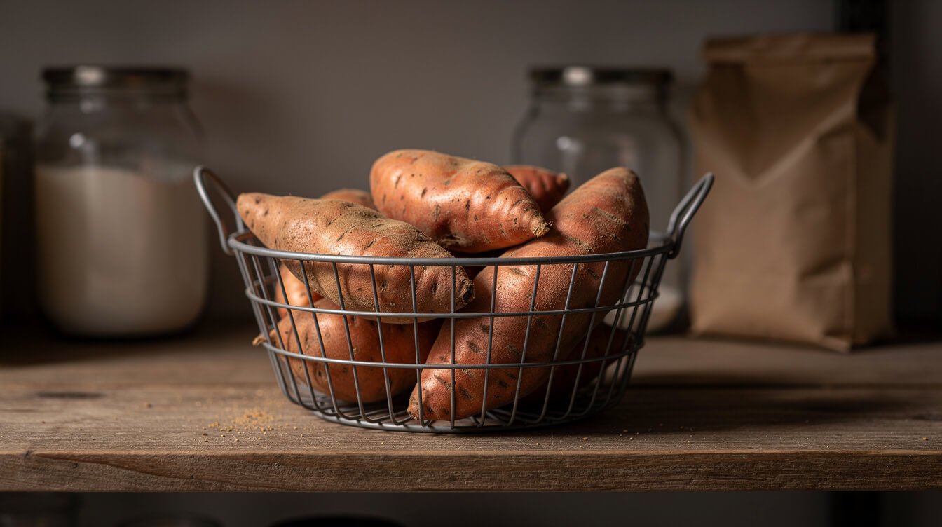 whole sweet potatoes in a wire basket on a cool pantry shelf