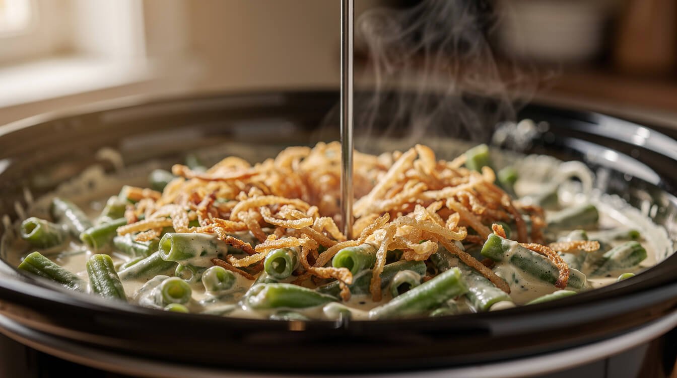 checking the temperature of crock pot green bean casserole with a food thermometer