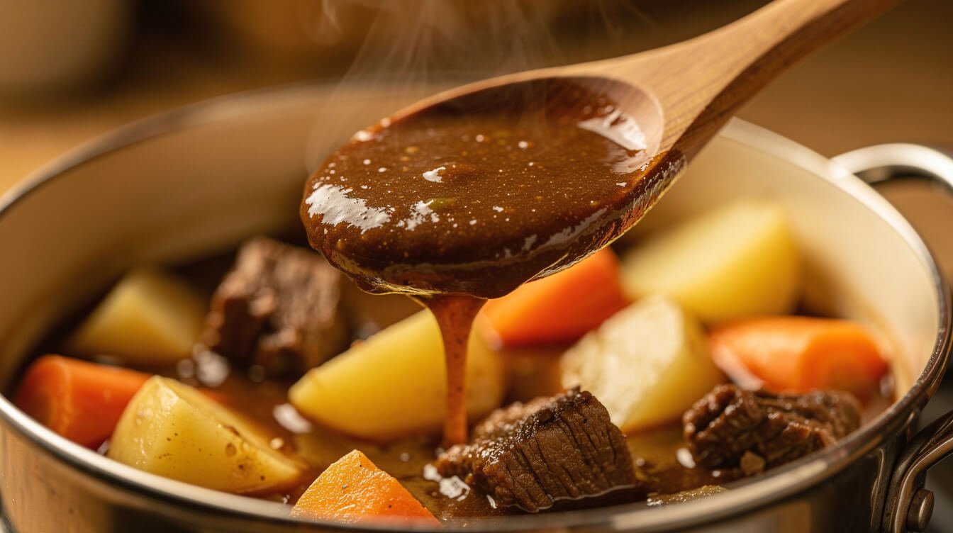 Thick beef stew gravy coating the back of a wooden spoon