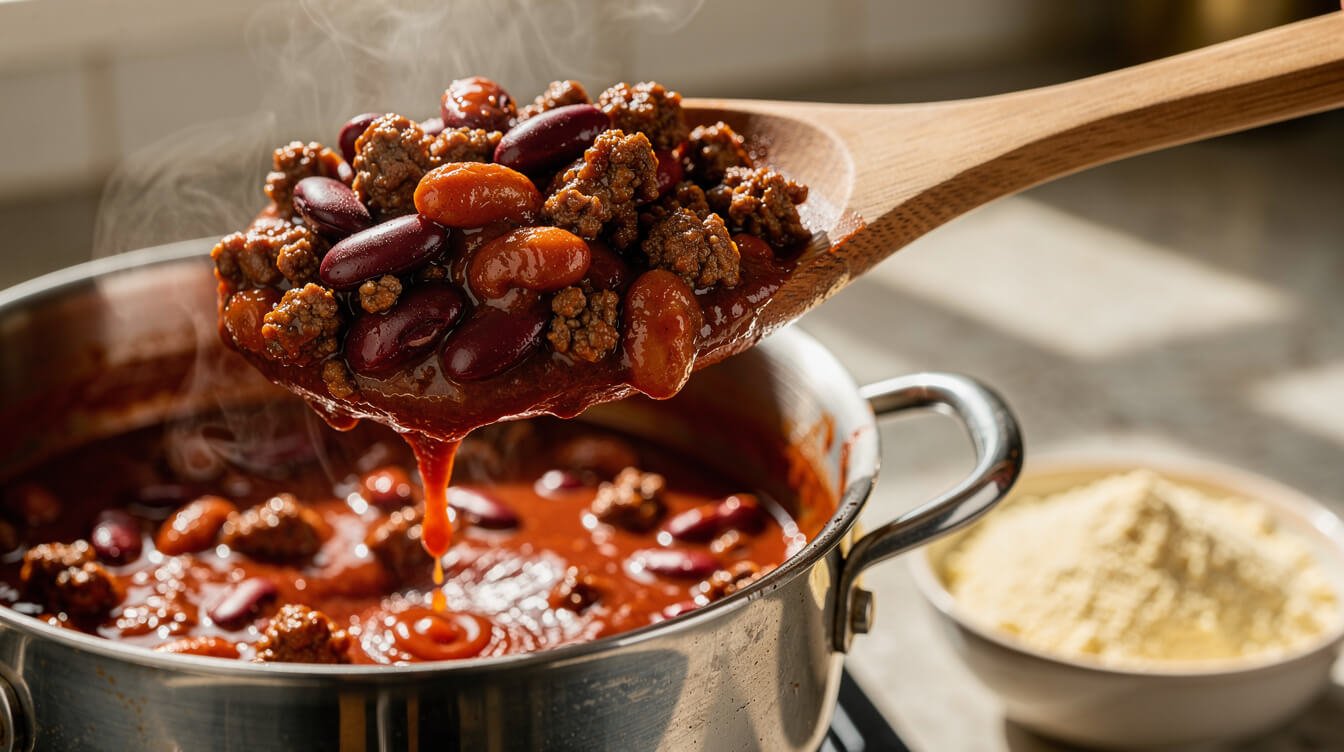thick beef chili on a wooden spoon