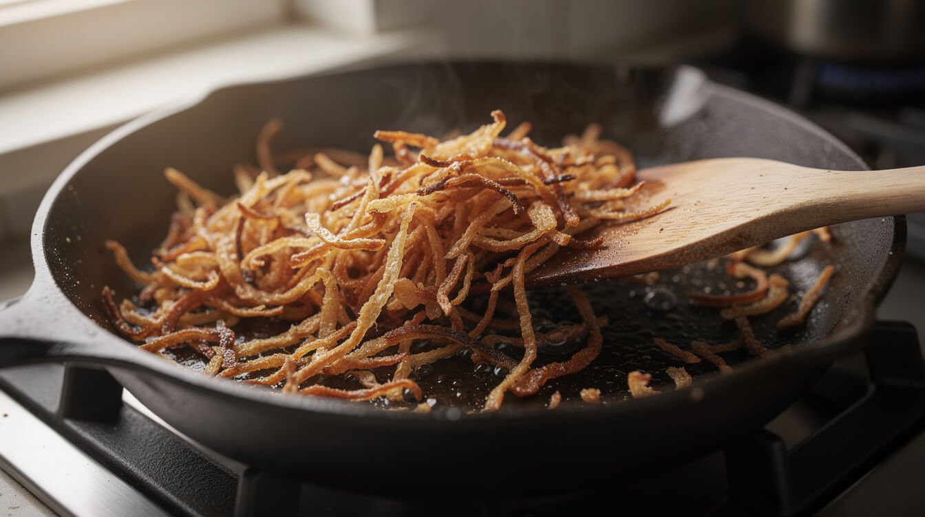 French fried onions toasting in a skillet