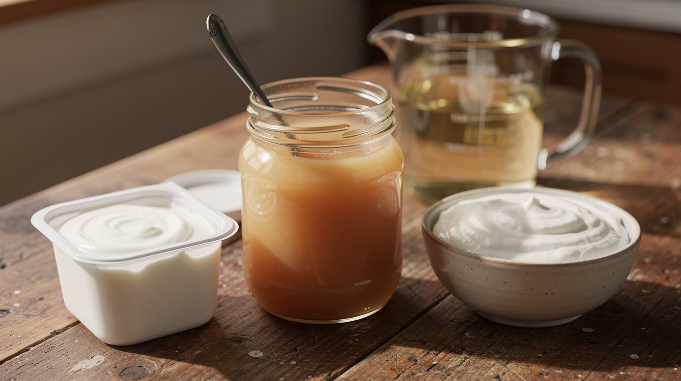 An open jar of unsweetened applesauce with a spoon, plain yogurt and sour cream on a wooden counter