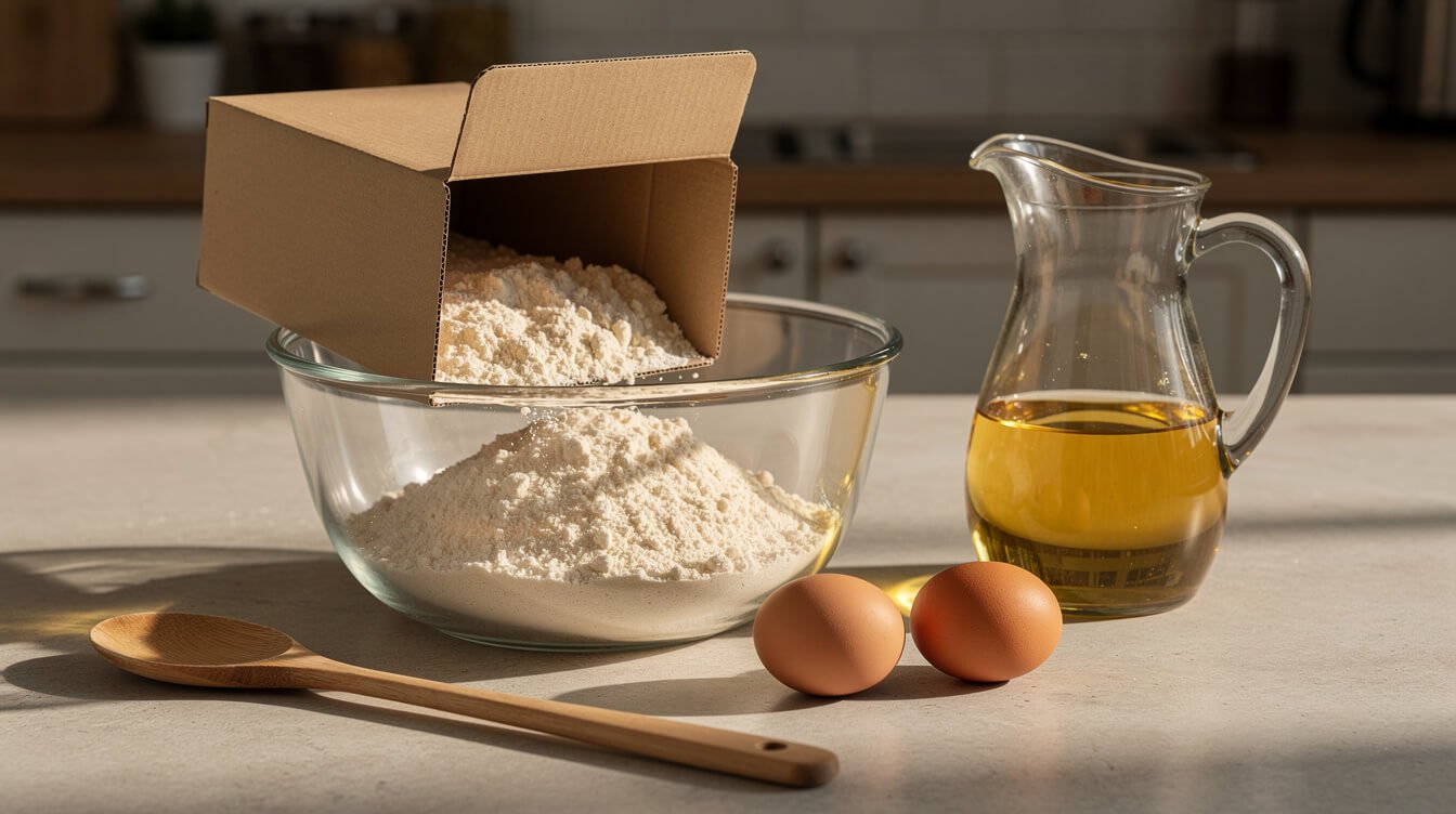 An opened cake mix box tipped over a glass mixing bowl with eggs and a jug of oil beside it