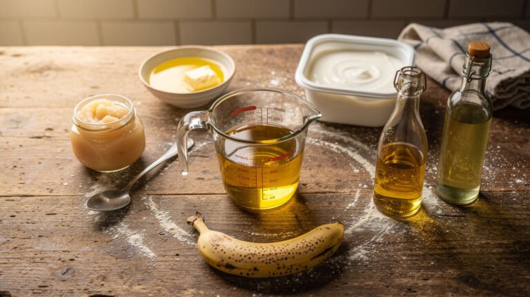 Substitute for vegetable oil in baking - a measuring cup of oil surrounded by applesauce, melted butter, yogurt and olive oil