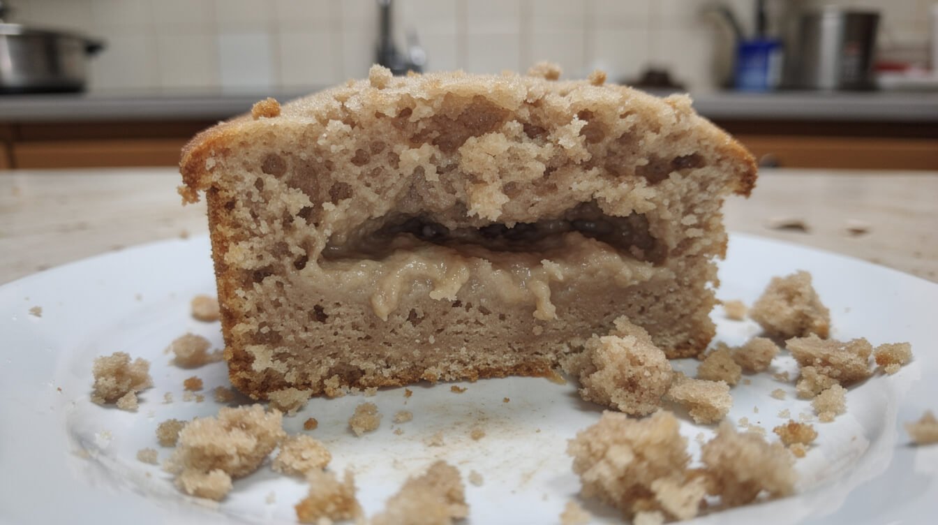 A homemade cake cut open showing a dense sunken middle and a gummy streak near the base