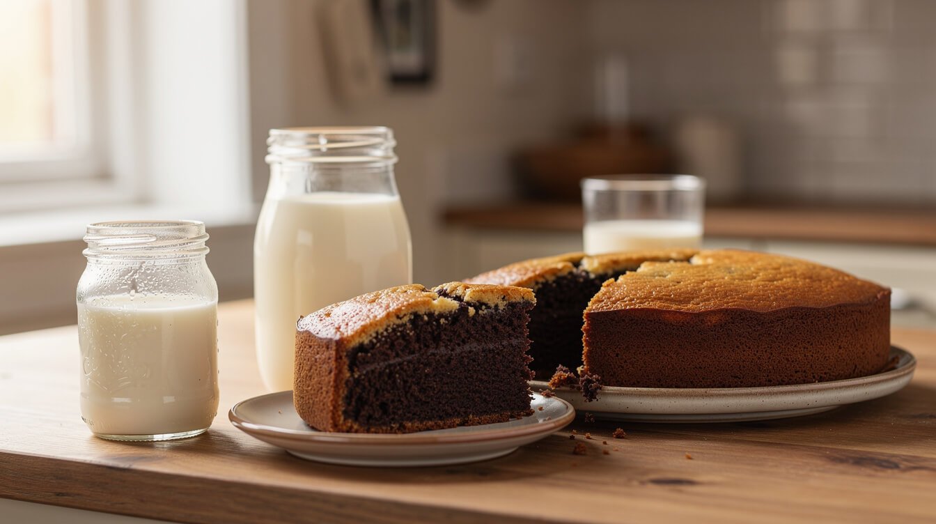 A jar of mayonnaise beside a freshly baked chocolate cake with a slice cut, buttermilk nearby