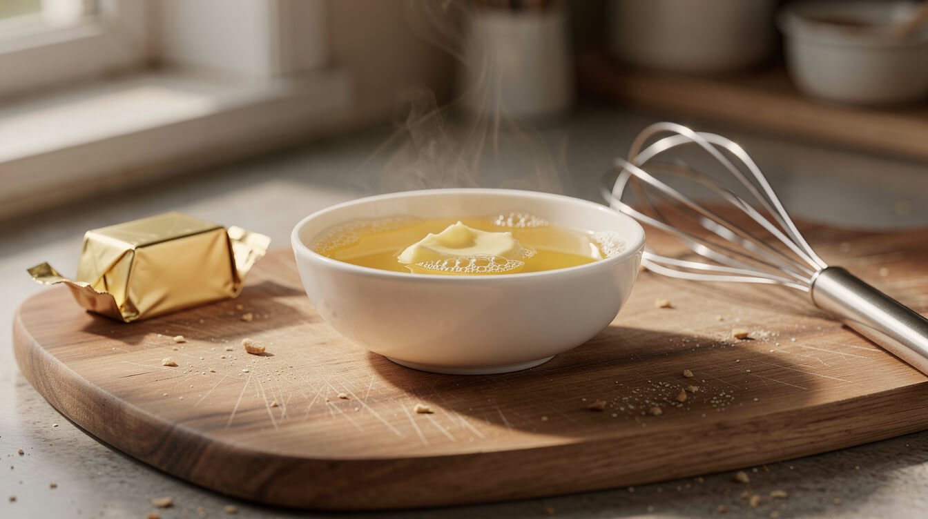 A small bowl of freshly melted butter cooling on a wooden board beside a whisk