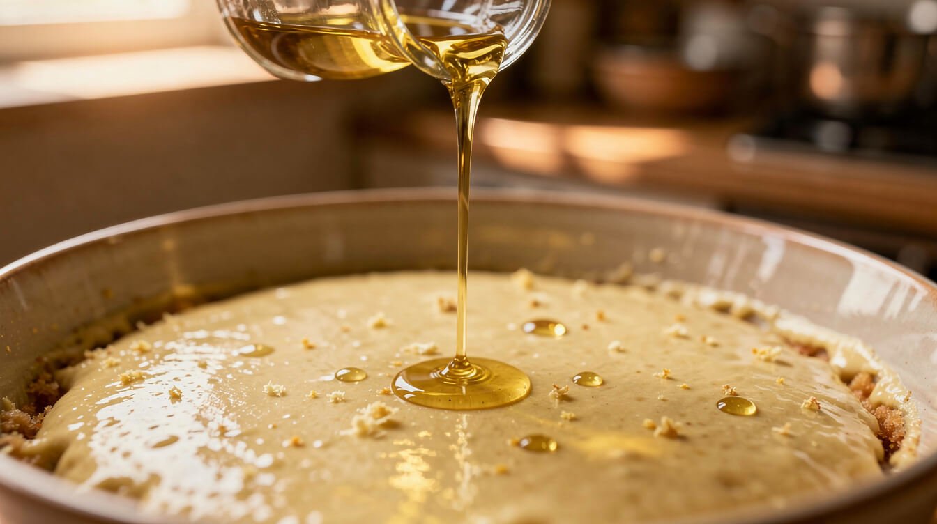 Golden oil being poured in a thin stream into a bowl of pale cake batter