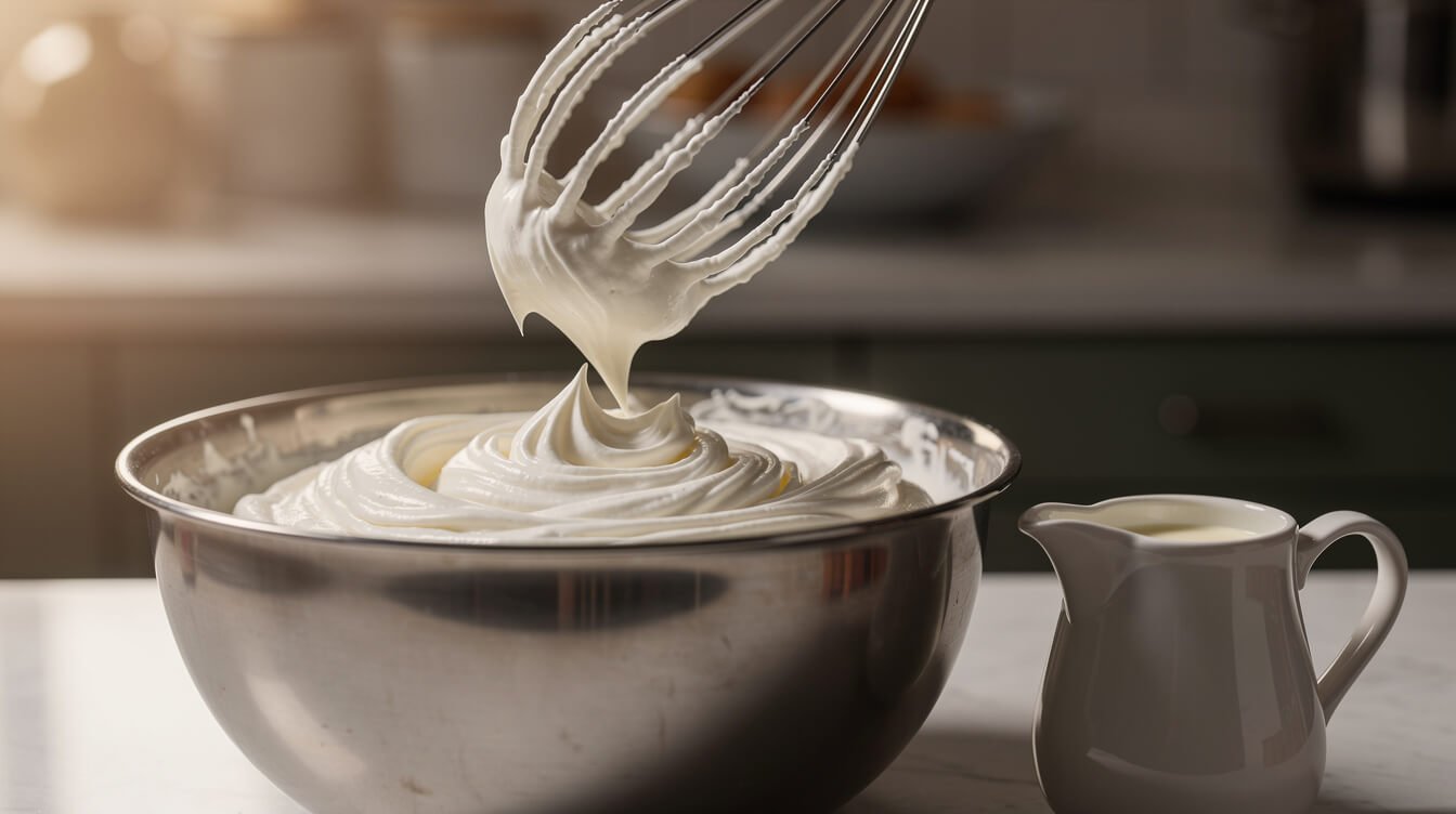 whipped heavy cream at soft peaks on a balloon whisk over a metal bowl