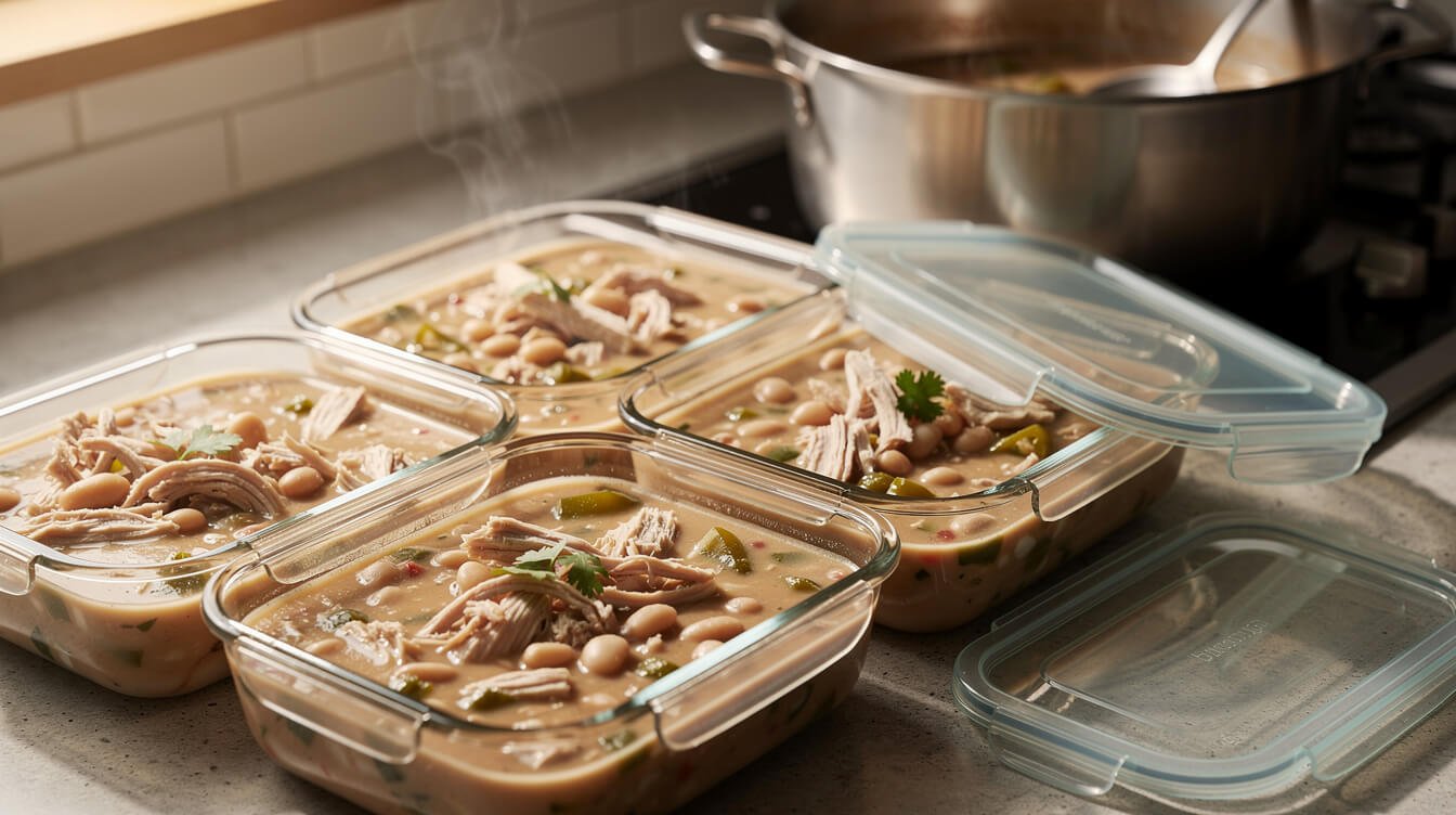 white chicken chili portioned into glass containers for storage